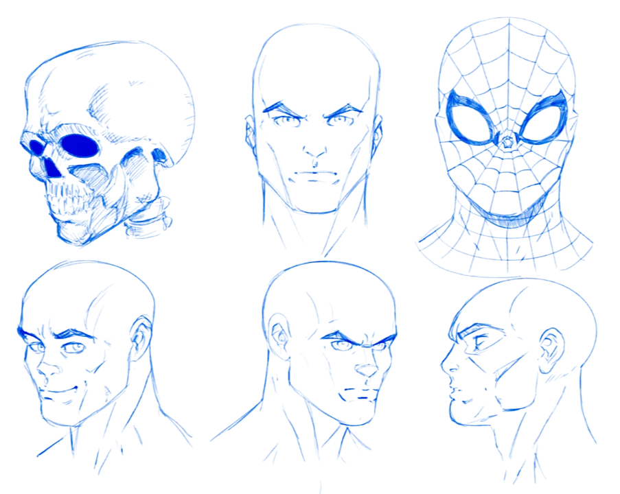 Six head drawings in blue pencil by Mike Van Orden, including a skull and Spider-Man, with red construction lines underneath