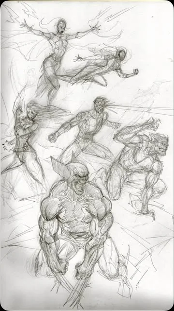 Pencils of a superhero team in action