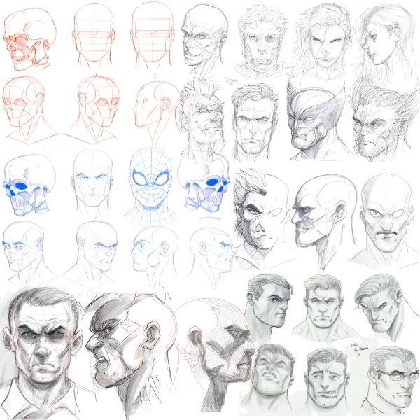 Faces progressing from red construction to finished rendering